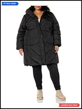 Womens Plus Size Hooded Quilted Down Puffer Coat Knee Length Snap Front